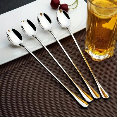Picture of 4pcs Lionel Stainless Steel Long Handle Spoons – 24cm long Perfect for Iced Tea, Coffee & Dessert - Dishwasher Safe & Ideal for Daily Use, Entertaining, Flatware Addition-Silver