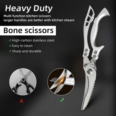 Picture of 1pc, Kitchen Scissors Chicken Bone Kitchen Shears Duck Cutter Stainless Steel Fish Scissors Scale Clean Cook Scissors Knife-Silver