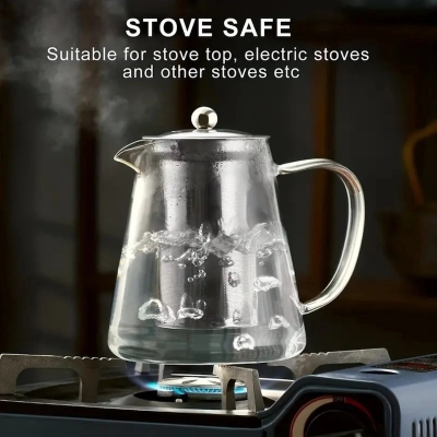 Picture of 1pc Thickened Glass Teapot, Heat Resistant Floral Tea Pot With Stainless Steel Filter, Suitable For Dishwasher, Perfect For Home Tea-Clear