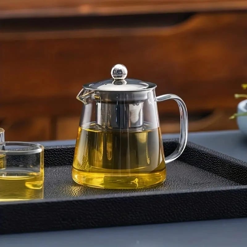 Picture of 1pc Thickened Glass Teapot, Heat Resistant Floral Tea Pot With Stainless Steel Filter, Suitable For Dishwasher, Perfect For Home Tea-Clear