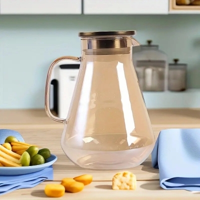 Picture of 1pc Clear Tea Kettle Glass Pitcher With Handle Water Iced Tea Jug Tea Kettle Bottle 60.87oz Water Container For Iced Tea Beverage Coffee Milk Lemonade Transparent Clear Teapot-Gold