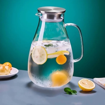 Picture of 1pc High Borosilicate Glass Pitcher With Stainless Steel Lid, Large Capacity,2000ML, Heat-Resistant, Transparent Water Jug For Tea & Juice, Home Beverage Carafe-Clear