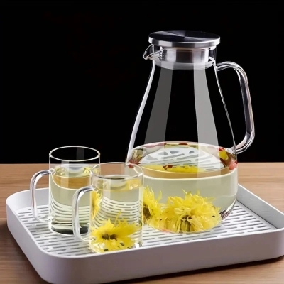 Picture of 1pc High Borosilicate Glass Pitcher With Stainless Steel Lid, Large Capacity,2000ML, Heat-Resistant, Transparent Water Jug For Tea & Juice, Home Beverage Carafe-Clear