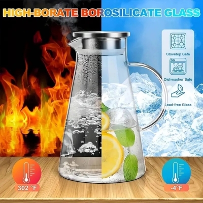 Picture of 1pc 1.8 Litter Glass Pitcher With Lid, Easy Clean Heat Resistant Glass Water Carafe With Handle For Hot/Cold Beverages, Water, Cold Brew, Iced Tea & Juice, For Home Restaurant Hotel Office, Drinkware Accessories-Clear