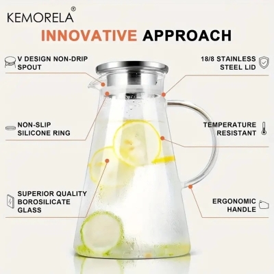 Picture of 1pc 1.8 Litter Glass Pitcher With Lid, Easy Clean Heat Resistant Glass Water Carafe With Handle For Hot/Cold Beverages, Water, Cold Brew, Iced Tea & Juice, For Home Restaurant Hotel Office, Drinkware Accessories-Clear