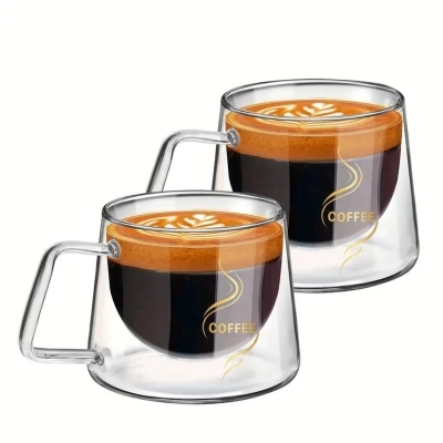 Picture of 2-Pack Gold-Accented Double-Walled Glass Coffee Mugs - Insulated For Hot And Cold Drinks, Perfect For Home, Office, Or Restaurant-Clear