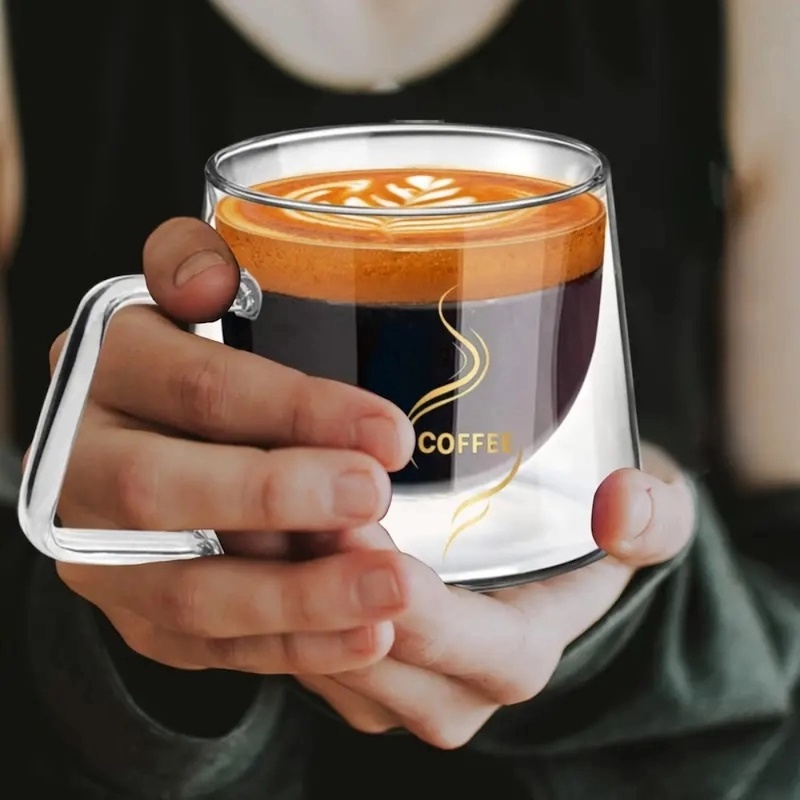 Picture of 2-Pack Gold-Accented Double-Walled Glass Coffee Mugs - Insulated For Hot And Cold Drinks, Perfect For Home, Office, Or Restaurant-Clear
