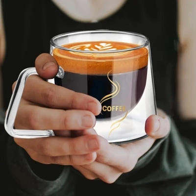 Picture of 2-Pack Gold-Accented Double-Walled Glass Coffee Mugs - Insulated For Hot And Cold Drinks, Perfect For Home, Office, Or Restaurant-Clear