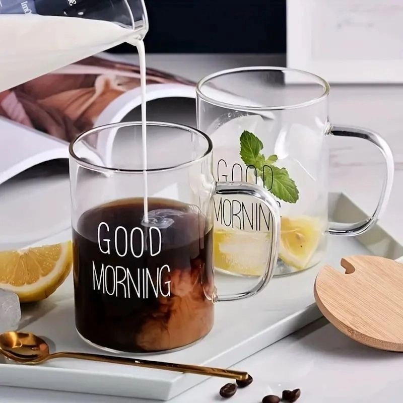 Picture of 1pc High Borosilicate Glass Cup, Heat-resistant Cup, Water Cup, Milk Cup, Text Display Tea Cup, Transparent Glass Coffee Mug, Breakfast Cup With Handle, Transparent Mug, Drinkware For Restaurants, Cafes-Clear