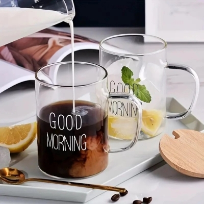 Picture of 1pc High Borosilicate Glass Cup, Heat-resistant Cup, Water Cup, Milk Cup, Text Display Tea Cup, Transparent Glass Coffee Mug, Breakfast Cup With Handle, Transparent Mug, Drinkware For Restaurants, Cafes-Clear