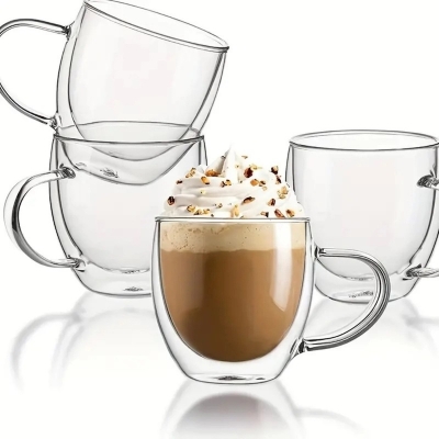 Picture of 4-Pack 8Oz Double-Walled Glass Coffee Mugs - Heat Resistant, Insulated Borosilicate Glass Cups For Coffee, Milkshakes & Juice - Reusable, Handwash Only-Clear