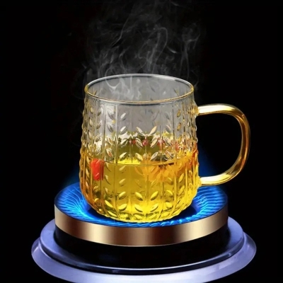 Picture of Wheat Hammer Pattern With Handle Glass Tea Cup Transparent Floral Tea Cup Drinking Cup Large Capacity Simple Cup For Restaurant-Clear