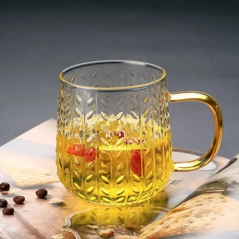 Picture of Wheat Hammer Pattern With Handle Glass Tea Cup Transparent Floral Tea Cup Drinking Cup Large Capacity Simple Cup For Restaurant-Clear