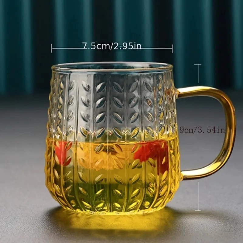 Picture of Wheat Hammer Pattern With Handle Glass Tea Cup Transparent Floral Tea Cup Drinking Cup Large Capacity Simple Cup For Restaurant-Clear