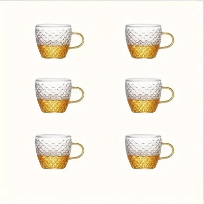 Picture of 6pcs, Embossed 130ml capacity Glass Cups With Handle, Water Cup, Drinking Tea Glasses For Juice, Milk, Tea, And More, Summer Winter Drinkware-Clear