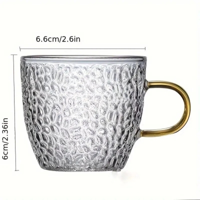 Picture of 6pcs, Embossed 130ml capacity Glass Cups With Handle, Water Cup, Drinking Tea Glasses For Juice, Milk, Tea, And More, Summer Winter Drinkware-Clear