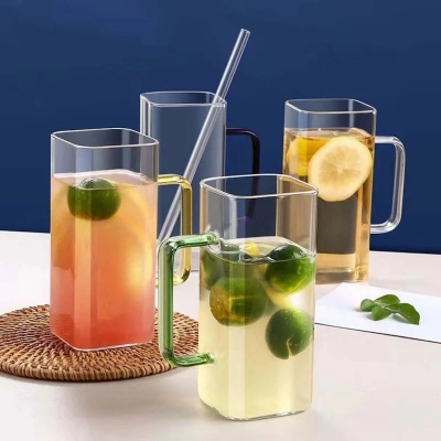 Picture of 4pcs Glass Cups, Colorful Square Transparent Glass Single-layer Cups, Large Capacity Beverage Cups, High Borosilicate Glass Tea Cups, For Living Room, Office, School And Dorm, Home Supplies-Clear