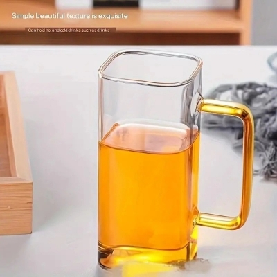 Picture of 4pcs Glass Cups, Colorful Square Transparent Glass Single-layer Cups, Large Capacity Beverage Cups, High Borosilicate Glass Tea Cups, For Living Room, Office, School And Dorm, Home Supplies-Clear