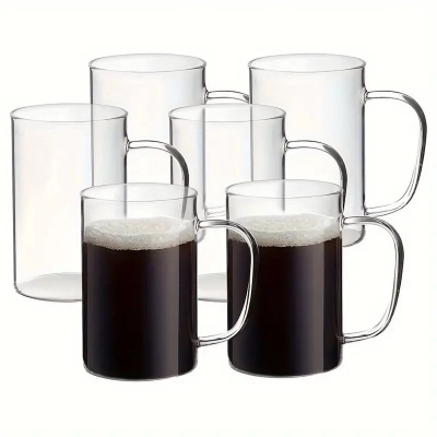 Picture of 6pcs, Glass Cups With Handle, 450mlSingle Wall Water Cup, Iced Coffee Cups, Drinking Glasses For Juice, Milk, Tea, And More, Summer Winter Drinkware-Clear