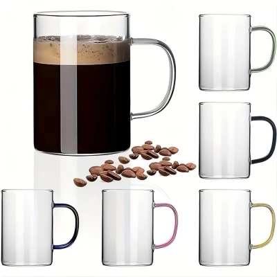 Picture of 6pcs, Glass Cups With Handle, 450mlSingle Wall Water Cup, Iced Coffee Cups, Drinking Glasses For Juice, Milk, Tea, And More, Summer Winter Drinkware-Clear