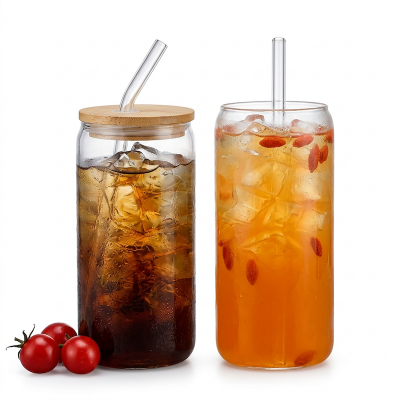 Picture of 1pc, Glass Cups, 17.8oz/550ml Glass Cups With Lids And Straws, Mason Jar Drinking Glasses, Ice Coffee Cup, Glass Cups With Bamboo Lids, Cute Cups, Beer, Reusable Straws And Straw Cleaner For Restaurant/ Hotel-Clear
