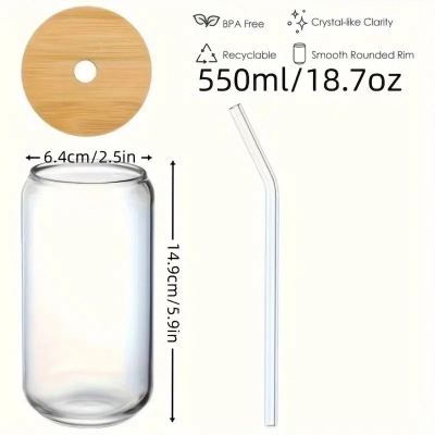Picture of 1pc, Glass Cups, 17.8oz/550ml Glass Cups With Lids And Straws, Mason Jar Drinking Glasses, Ice Coffee Cup, Glass Cups With Bamboo Lids, Cute Cups, Beer, Reusable Straws And Straw Cleaner For Restaurant/ Hotel-Clear