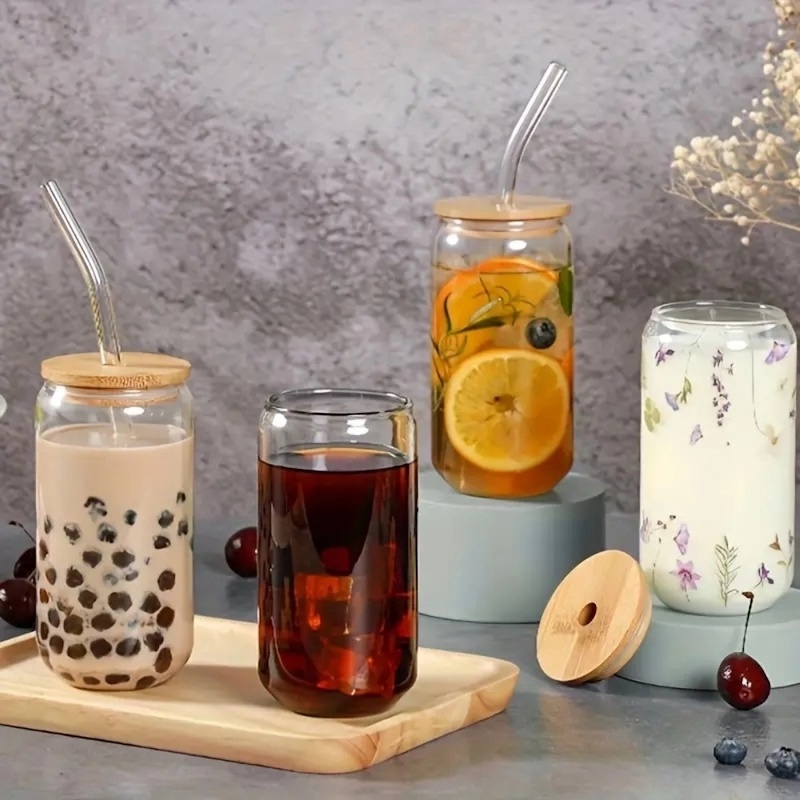 Picture of 1pc, Glass Cups, 17.8oz/550ml Glass Cups With Lids And Straws, Mason Jar Drinking Glasses, Ice Coffee Cup, Glass Cups With Bamboo Lids, Cute Cups, Beer, Reusable Straws And Straw Cleaner For Restaurant/ Hotel-Clear