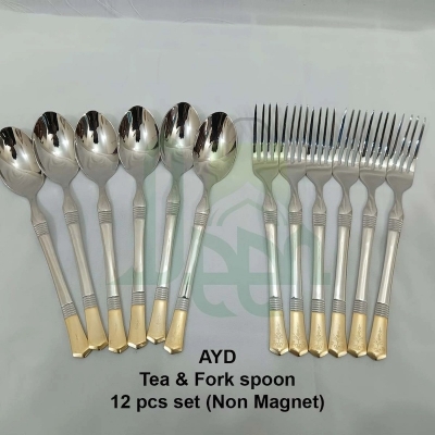 Picture of 12 pcs AYD fork spoon, Non magnet mirror polish tea spoon imported spoon for home 15 cm long 6 pcs tea and 6 pcs fork spoon-Silver