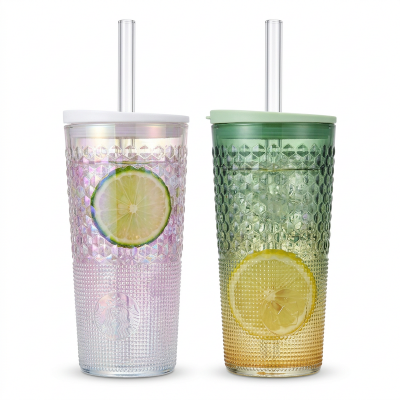 Picture of Glass Tumbler With Lid and glass strow 22oz Clear Iced Coffee Cup W/Vintage Versatile Glass