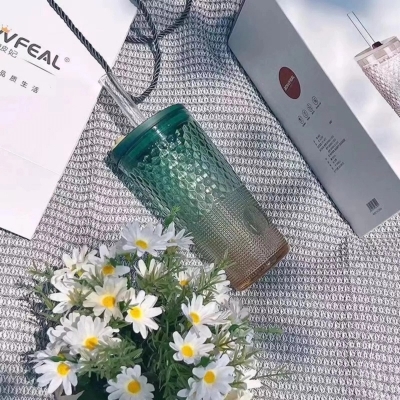 Picture of Glass Tumbler With Lid and glass strow 22oz Clear Iced Coffee Cup W/Vintage Versatile Glass