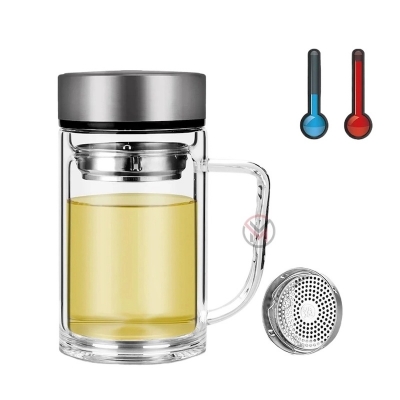 Picture of Office Glass Infuser Bottle Tea Tumbler Double Wall Glass Borosilicate Bottle Travel Mug Leakproof Tea Bottle with Strainer Carry Handle-Clear