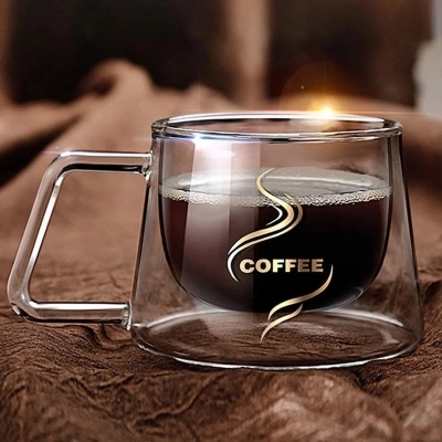 Picture of Double Wall Transparent Clear, Tea Coffee Mug with Convenient Solid Handle, Glass Coffee Tea Cups, for Warm and Cold Beverage, 200 ML-Clear