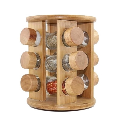 Picture of Spice Jar Rack Revolving Rotating Countertop,Spice Organizer,Seasoning Set, Spice Carousel WoodenStand Storage Holder with 12 Pieces Glass Bottle for Kitchen Restaurant Hotel-Brown
