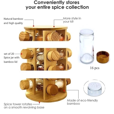 Picture of Spice Jar Rack Revolving Rotating Countertop,Spice Organizer,Seasoning Set, Spice Carousel WoodenStand Storage Holder with 12 Pieces Glass Bottle for Kitchen Restaurant Hotel-Brown