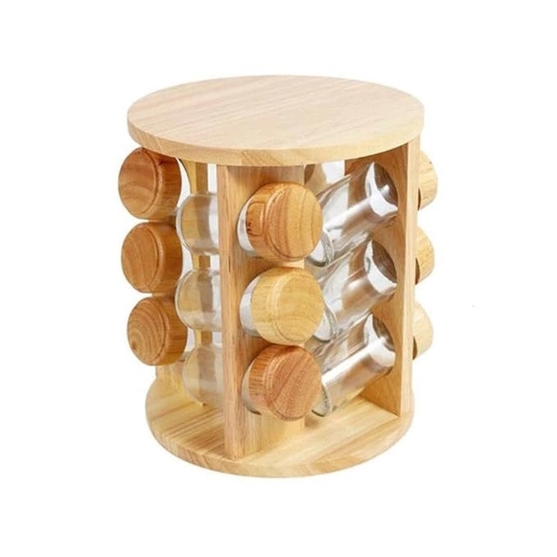 Picture of Spice Jar Rack Revolving Rotating Countertop,Spice Organizer,Seasoning Set, Spice Carousel WoodenStand Storage Holder with 12 Pieces Glass Bottle for Kitchen Restaurant Hotel-Brown