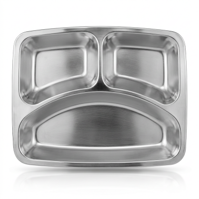 Picture of 1 pcs stainless steel 3 compartment cafetoria plate for medical use, baby plate silver colour mirror polish  plate-Silver