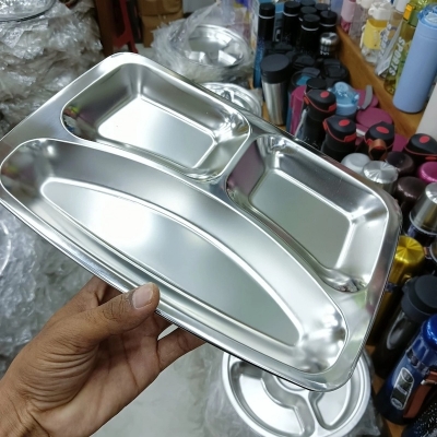 Picture of 1 pcs stainless steel 3 compartment cafetoria plate for medical use, baby plate silver colour mirror polish  plate-Silver