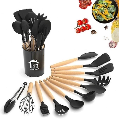 Picture of Kitchen Utensil Set 12 Piece Kitchen Utensil Set Nonstick Silicone & Wooden Utensils, Bpafree, Nontoxic Spatula, Tongs, Spatula, Spoon Set-Multicolor