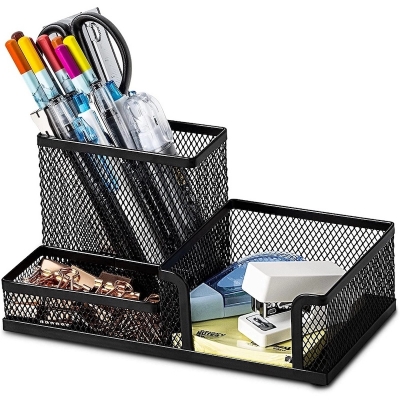 Picture of Metal Mesh Desk Organizer 3 Compartment Stationary Storage Stand & Pen-Pencil Holder-Black
