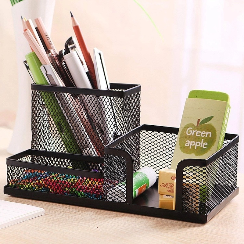 Picture of Metal Mesh Desk Organizer 3 Compartment Stationary Storage Stand & Pen-Pencil Holder-Black
