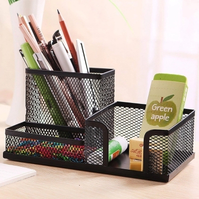 Picture of Metal Mesh Desk Organizer 3 Compartment Stationary Storage Stand & Pen-Pencil Holder-Black