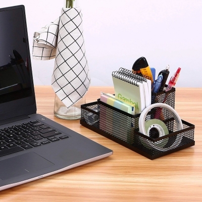Picture of Pen/Pencil Holder Stationary Storage Stand for Office, Home, and Study Table | Compartment Metal Mesh Desk Organizer | Office Accessories (4 Compartment, Pack of 1)