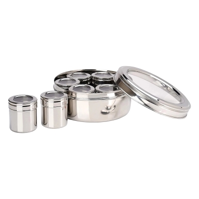 Picture of Big size 7 in 1 Spice Box With Transparent Fiberglass Lids Stainless Steel stylish | See-Through Spice Box | Masala Box for Kitchen Steel | Masala Dabba Steel | Masala Dani for Kitchen-Silver