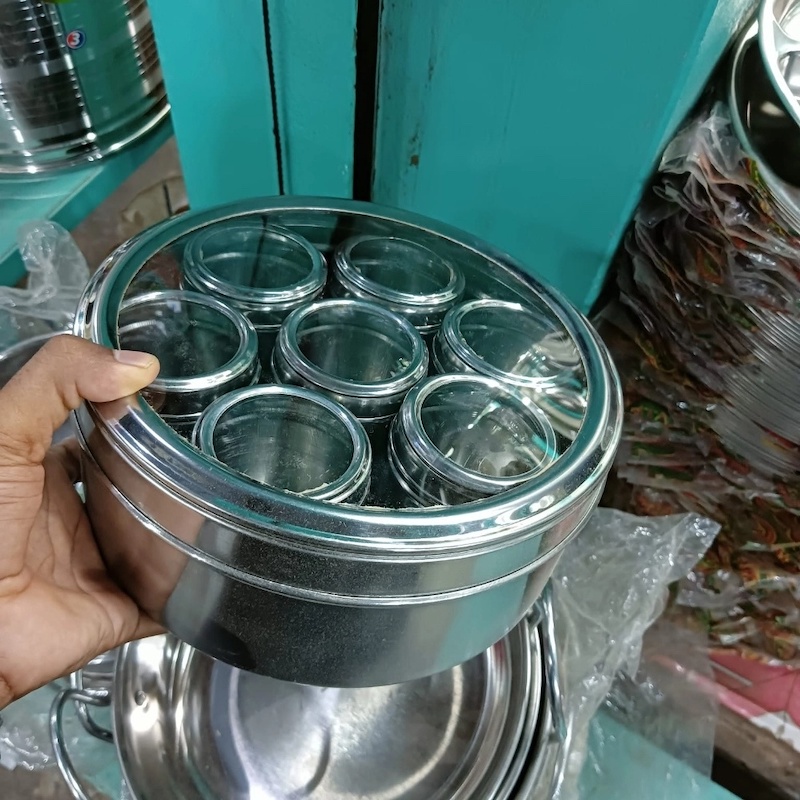 Picture of Big size 7 in 1 Spice Box With Transparent Fiberglass Lids Stainless Steel stylish | See-Through Spice Box | Masala Box for Kitchen Steel | Masala Dabba Steel | Masala Dani for Kitchen-Silver
