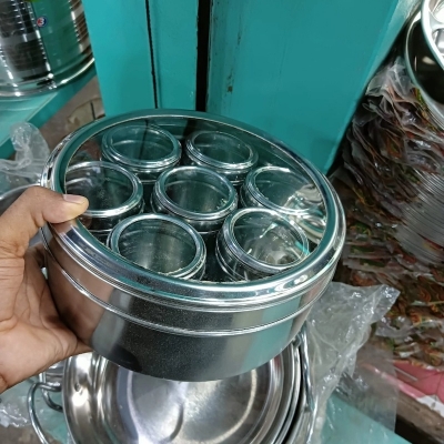 Picture of Big size 7 in 1 Spice Box With Transparent Fiberglass Lids Stainless Steel stylish | See-Through Spice Box | Masala Box for Kitchen Steel | Masala Dabba Steel | Masala Dani for Kitchen-Silver