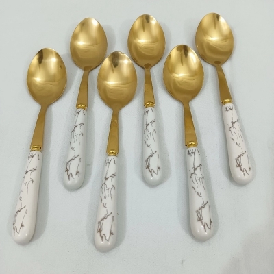 Picture of 6 pcs golden color tea spoon ciramic handle tea spoon white color handle-Gold