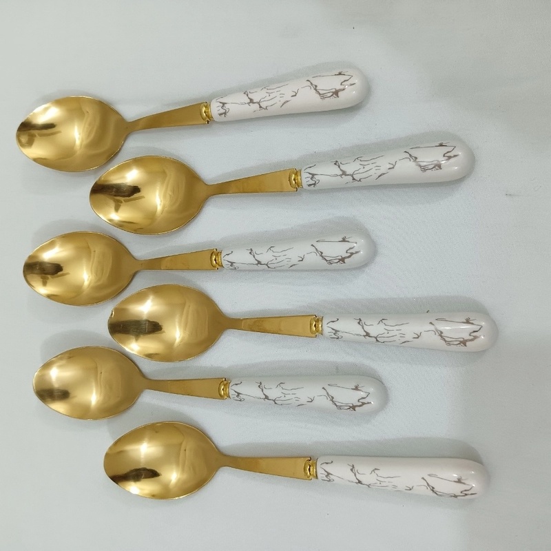 Picture of 6 pcs golden color tea spoon ciramic handle tea spoon white color handle-Gold