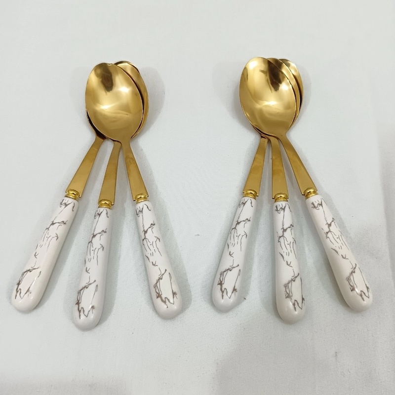 Picture of 6 pcs golden color tea spoon ciramic handle tea spoon white color handle-Gold