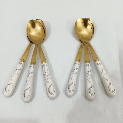 Picture of 6 pcs golden color tea spoon ciramic handle tea spoon white color handle-Gold