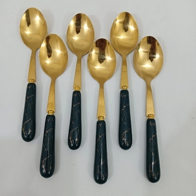 Picture of 6 pcs golden color tea spoon ciramic handle tea spoon Blue color handle-Gold